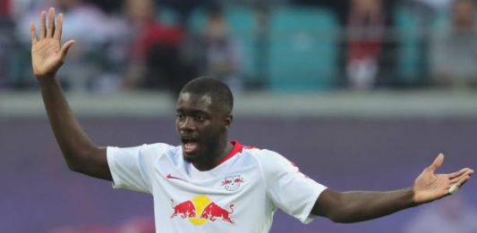 LEIPZIG, GERMANY - NOVEMBER 11: Dayot Upamecano of Leipzig reacts during the Bundesliga match between RB Leipzig and Bayer 04 Leverkusen at Red Bull Arena on November 11, 2018 in Leipzig, Germany. (Photo by Alexander Hassenstein/Bongarts/Getty Images)