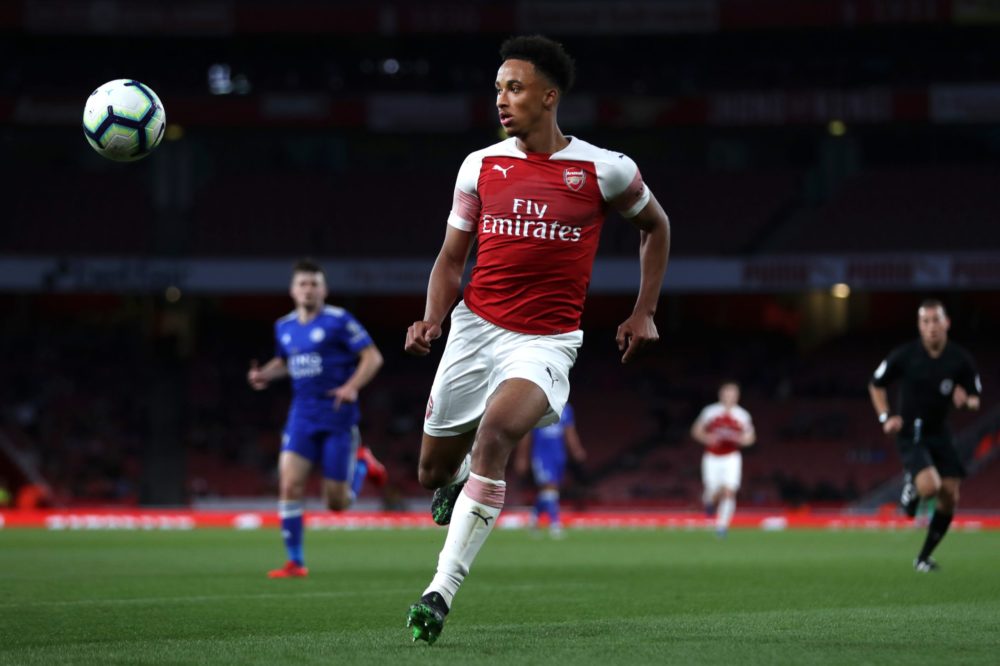 LONDON, ENGLAND - APRIL 26: Cohen Bramall of Arsenal in action during the Premier League 2 match between Arsenal and Leicester City at Emirates Stadium on April 26, 2019 in London, England. (Photo by Naomi Baker/Getty Images)