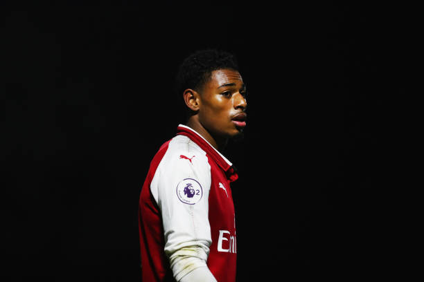 BOREHAMWOOD, ENGLAND - JANUARY 23: Jeff Reine-Adelaide of Arsenal looks on during the Premier League International Cup match between Arsenal and Bayern Munich at Meadow Park on January 23, 2018 in Borehamwood, England. (Photo by Naomi Baker/Getty Images)