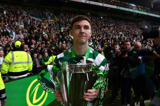 GLASGOW, SCOTLAND - MAY 19: Kieran Tierney of Celtic with the League Trophy during the Ladbrokes Scottish Premiership match between Celtic FC and Heart of Midlothian FC at Celtic Park on May 19, 2019 in Glasgow, Scotland. (Photo by Mark Runnacles/Getty Images)