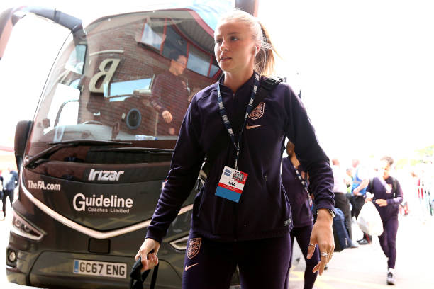 WALSALL, ENGLAND - MAY 25: Leah Williamson of England arrives at the stadium prior to the International Friendly between England Women and Denmark Women at Bank's Stadium on May 25, 2019 in Walsall, England. (Photo by Jan Kruger/Getty Images)
