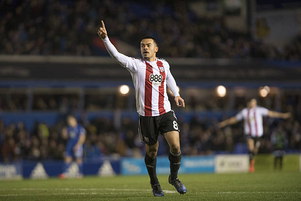 BIRMINGHAM, ENGLAND- JANUARY 2: Nico Yennaris of Brentford scores Brentford's third goal during the Sky Bet Championship match between Birmingham City and Brentford at St Andrews Stadium on January 2, 2017 in Birmingham, England (Photo by Nathan Stirk/Getty Images).