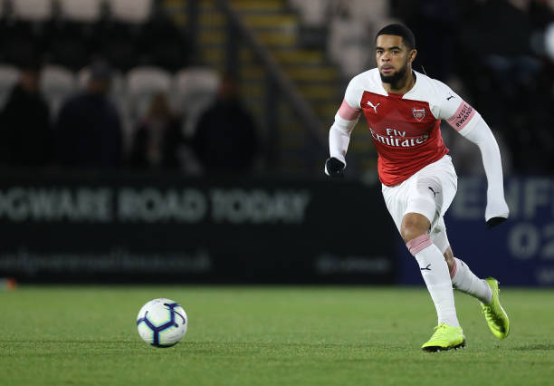 BOREHAMWOOD, ENGLAND - DECEMBER 12: Trae Coyle of Arsenal U18 in action during the FA Youth Cup 3rd Round match between Arsenal U18 and Northampton Town U18 at Meadow Park on December 12, 2018 in Borehamwood, England. (Photo by Pete Norton/Getty Images)