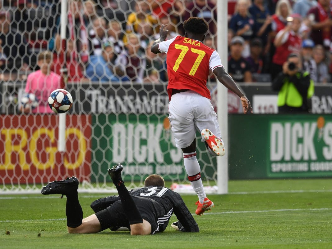Bukayo Saka scoring the opening goal against Colorado Rapids in Arsenal's pre-season friendly (Photo via Instagram / Arsenal)