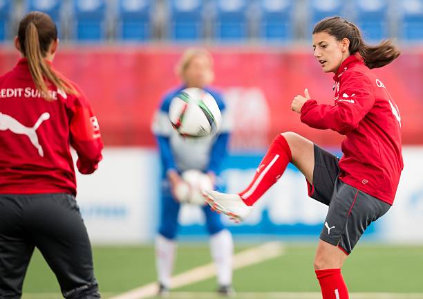 Swiss Florijana Ismaili takes part in a training session at the FIFA Women's World Cup at Clark Stadium in Edmonton, Canada on June 13, 2015. Switzerland is set to take on Cameroon in their next match on June 16th. AFP PHOTO/GEOFF ROBINS
