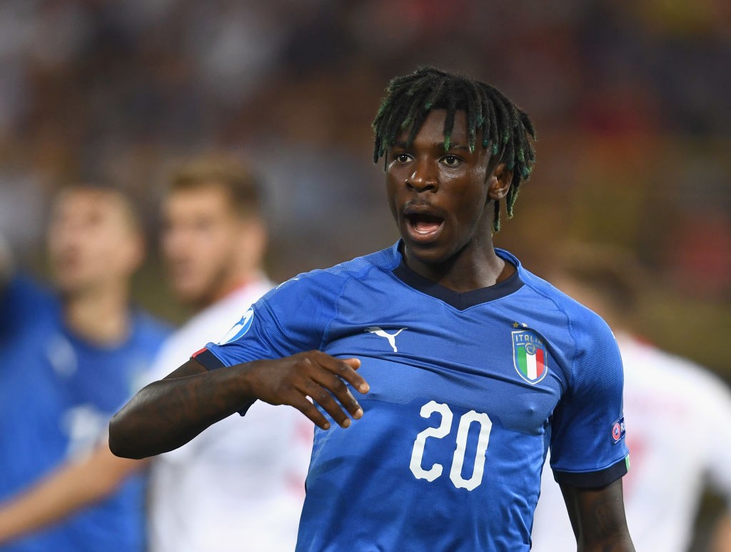 BOLOGNA, ITALY - JUNE 19: Moise Kean of Italy dejected at the end of the 2019 UEFA U-21 Group A match between Italy and Poland at Renato Dall'Ara Stadium on June 19, 2019, in Bologna, Italy. (Photo by Claudio Villa/Getty Images)