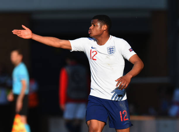 BURTON-UPON-TRENT, ENGLAND - MAY 13: Vontae Daley-Campbell of England during the UEFA European Under-17 Championship Between Norway and England at Pirelli Stadium on May 13, 2018 in Burton-upon-Trent, England. (Photo by Tony Marshall/Getty Images)