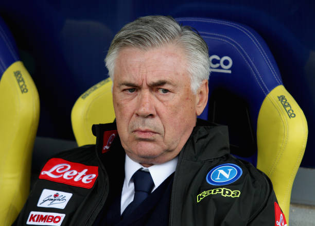 FROSINONE, ITALY - APRIL 28: SSC Napoli head coach Carlo Ancelotti looks on during the Serie A match between Frosinone Calcio and SSC Napoli at Stadio Benito Stirpe on April 28, 2019 in Frosinone, Italy. (Photo by Paolo Bruno/Getty Images)