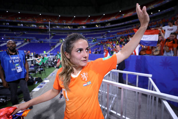 LYON, FRANCE - JULY 03: Danielle Van De Donk of the Netherlands acknowledges the fans following the 2019 FIFA Women's World Cup France Semi Final match between Netherlands and Sweden at Stade de Lyon on July 03, 2019 in Lyon, France. (Photo by Alex Grimm/Getty Images)