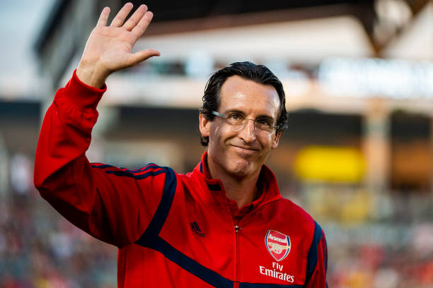 COMMERCE CITY, CO - JULY 15: Arsenal manager Unai Emery waves to fans at Dick's Sporting Goods Park on July 15, 2019 in Commerce City, Colorado. (Photo by Timothy Nwachukwu/Getty Images)