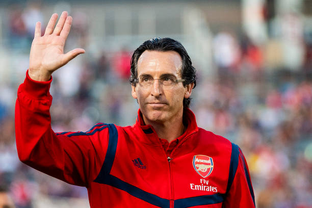 COMMERCE CITY, CO - JULY 15: Arsenal manager Unai Emery waves to fans at Dick's Sporting Goods Park on July 15, 2019 in Commerce City, Colorado. (Photo by Timothy Nwachukwu/Getty Images)