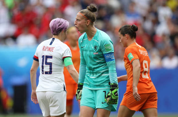 LYON, FRANCE - JULY 07: Sari Van Veenendaal of the Netherlands reacts during the 2019 FIFA Women's World Cup France Final match between The United States of America and The Netherlands at Stade de Lyon on July 07, 2019 in Lyon, France. (Photo by Maja Hitij/Getty Images)