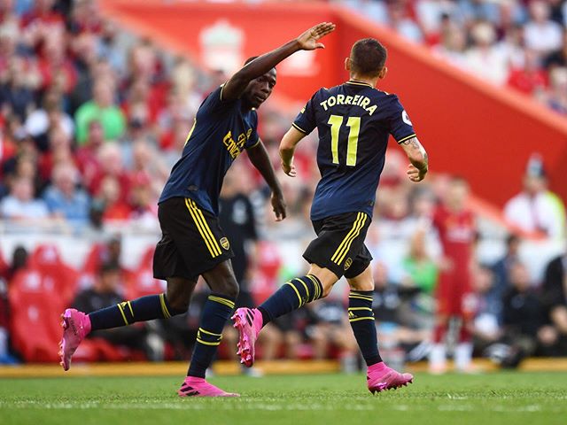 Nicolas Pepe and Lucas Torreira after the latter's goal against Liverpool (Photo via Instagram / LTorreira34)