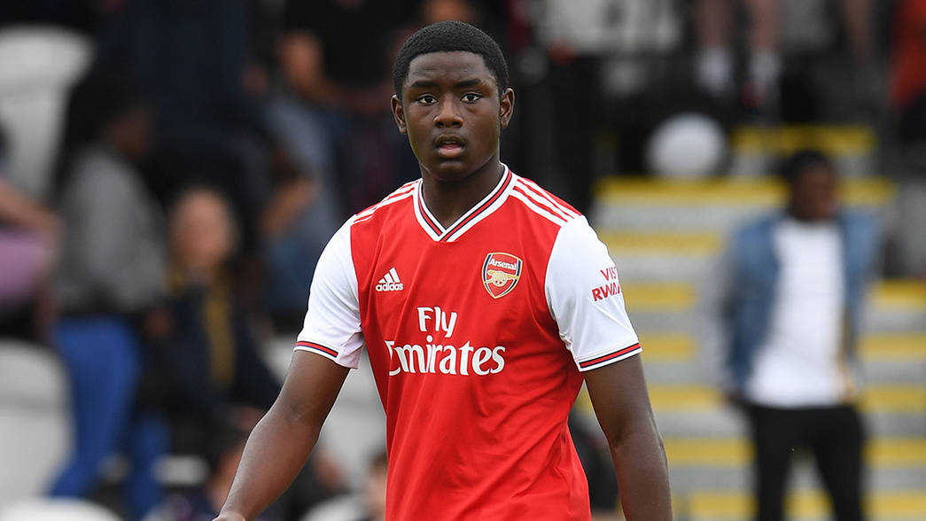 BOREHAMWOOD, ENGLAND - JULY 06: Matthew Dennis of Arsenal during the Pre-Season Friendly match between Boreham Wood and Arsenal XI at Meadow Park on July 06, 2019, in Borehamwood, England. (Photo by David Price/Arsenal FC via Getty Images)
