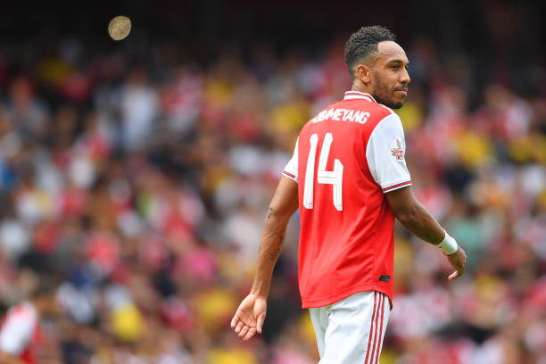 LONDON, ENGLAND - JULY 28: Pierre-Emerick Aubameyang of Arsenal in action during the Emirates Cup match between Arsenal and Olympique Lyonnais at the Emirates Stadium on July 28, 2019 in London, England. (Photo by Michael Regan/Getty Images)