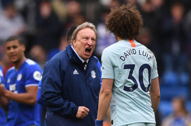 CARDIFF, WALES - MARCH 31: Cardiff manager Neil Warnock has words with Chelsea player David Luiz after the Premier League match between Cardiff City and Chelsea FC at Cardiff City Stadium on March 31, 2019 in Cardiff, United Kingdom. (Photo by Stu Forster/Getty Images)