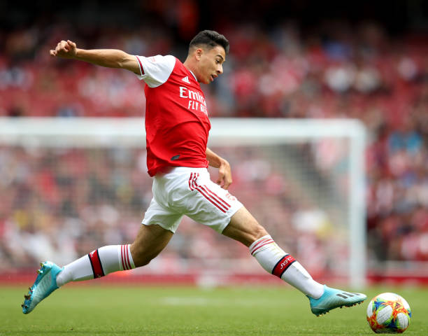 LONDON, ENGLAND - JULY 28: Gabriel Martinelli of Arsenal during the Emirates Cup match between Arsenal and Olympique Lyonnais at Emirates Stadium on July 28, 2019 in London, England. (Photo by Alex Pantling/Getty Images)