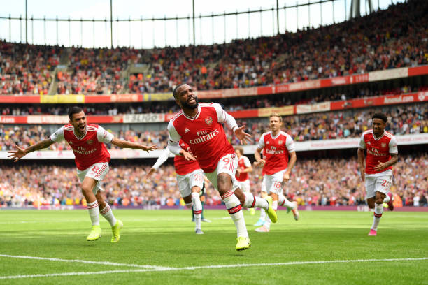 LONDON, ENGLAND - AUGUST 17: Alexandre Lacazette of Arsenal celebrates after scoring his team's first goal during the Premier League match between Arsenal FC and Burnley FC at Emirates Stadium on August 17, 2019 in London, United Kingdom. (Photo by Michael Regan/Getty Images)