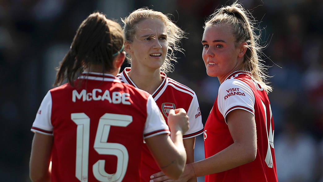 BOREHAMWOOD, ENGLAND - AUGUST 25: Jill Roord of Arsenal celebrates with team mates Vivianne Miedema and Katie McCabe after scoring their team's fifth goal during the pre season friendly match between Arsenal Women and Tottenham Hotspur Women at Meadow Park on August 25, 2019 in Borehamwood, England. (Photo by Linnea Rheborg/Getty Images)