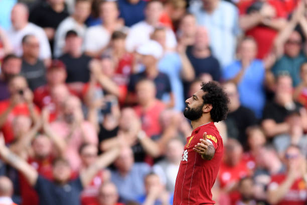 LIVERPOOL, ENGLAND - AUGUST 24: Mohamed Salah of Liverpool celebrates after scoring his team's second goal during the Premier League match between Liverpool FC and Arsenal FC at Anfield on August 24, 2019 in Liverpool, United Kingdom. (Photo by Laurence Griffiths/Getty Images)