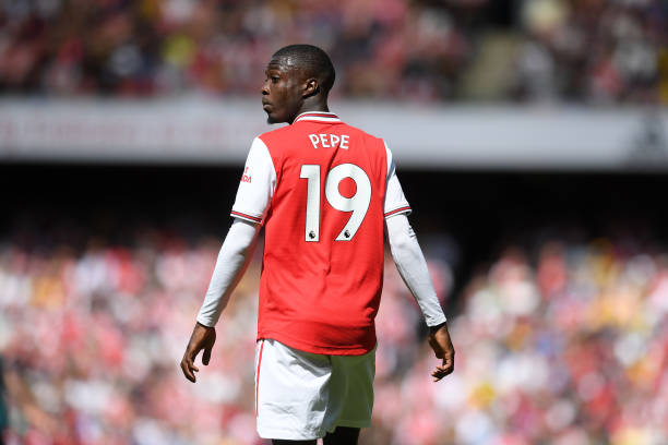 LONDON, ENGLAND - AUGUST 17: Nicolas Pepe of Arsenal  during the Premier League match between Arsenal FC and Burnley FC at Emirates Stadium on August 17, 2019 in London, United Kingdom. (Photo by Michael Regan/Getty Images)