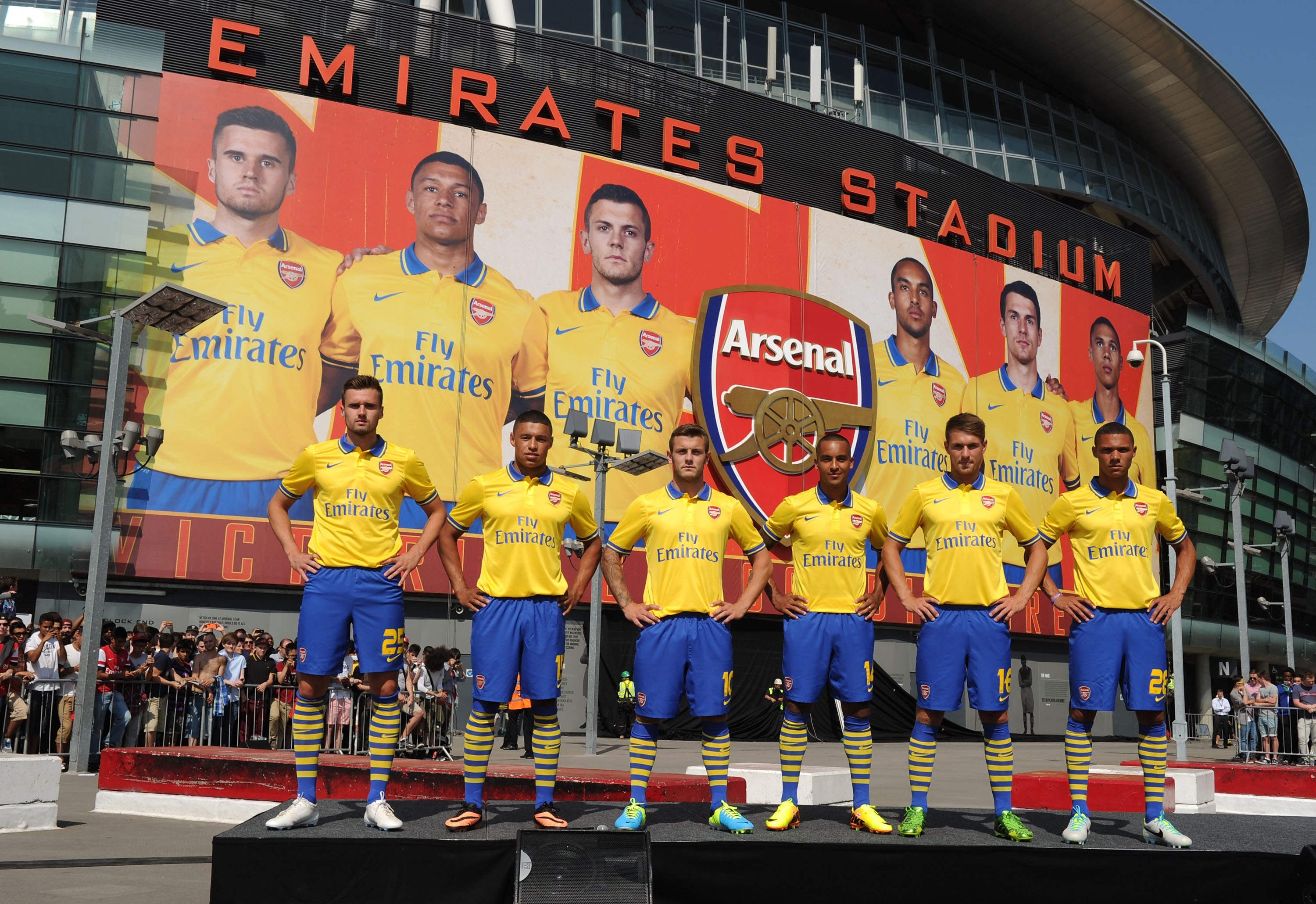 LONDON, ENGLAND - JULY 09: (L-R) Carl Jenkinson, Alex Oxlade-Chamberlain, Jack Wilshere, Theo Walcott, Aaron Ramsey and Kieran Gibbs of Arsenal poses during the launch of the new kit for the 2013-14 season at Emirates Stadium on July 09, 2013 in London, England. (Photo by Stuart MacFarlane/Arsenal FC via Getty Images)