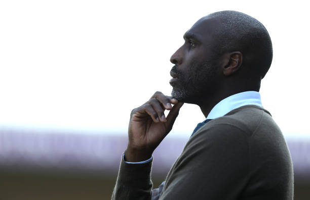 NORTHAMPTON, ENGLAND - APRIL 19: Macclesfield Town manager Sol Campbell looks on during the Sky Bet League Two match between Northampton Town and Macclesfield Town at PTS Academy Stadium on April 19, 2019 in Northampton, United Kingdom. (Photo by Pete Norton/Getty Images)