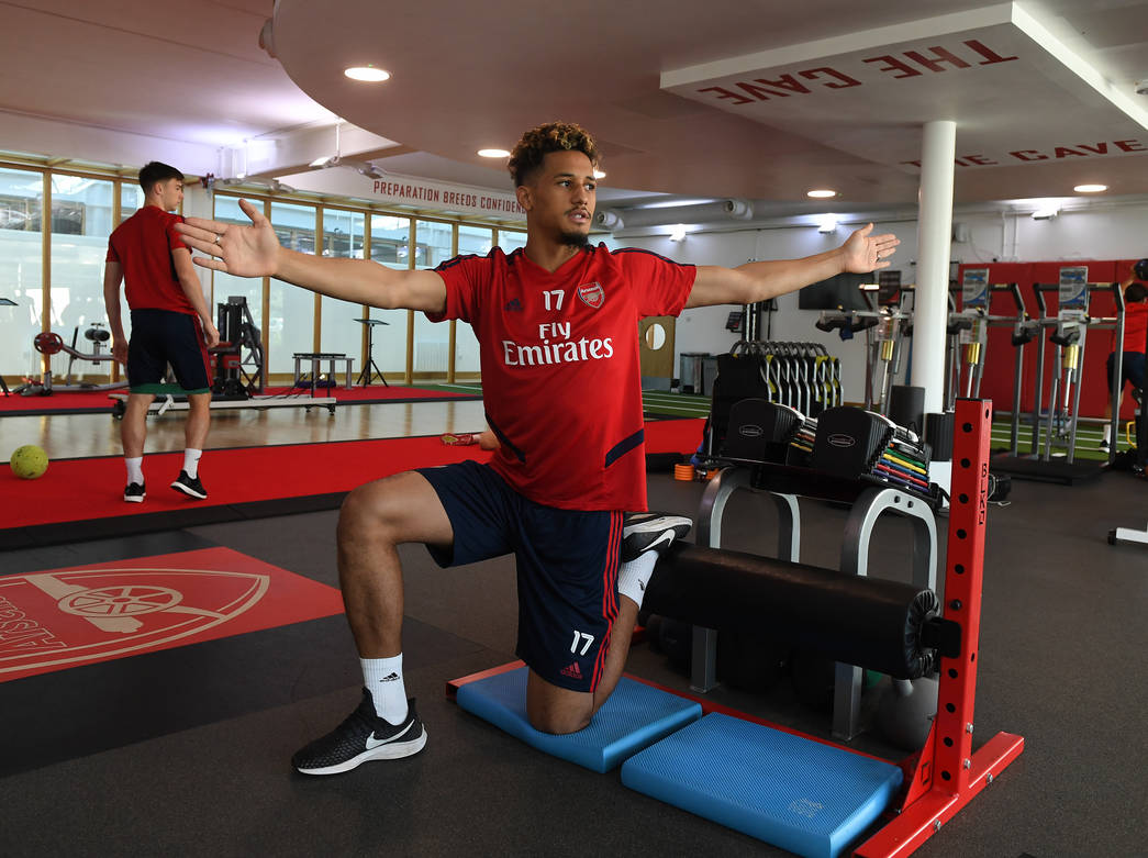 ST ALBANS, ENGLAND - SEPTEMBER 13: of Arsenal during a training session at London Colney on September 13, 2019 in St Albans, England. (Photo by Stuart MacFarlane/Arsenal FC via Getty Images)