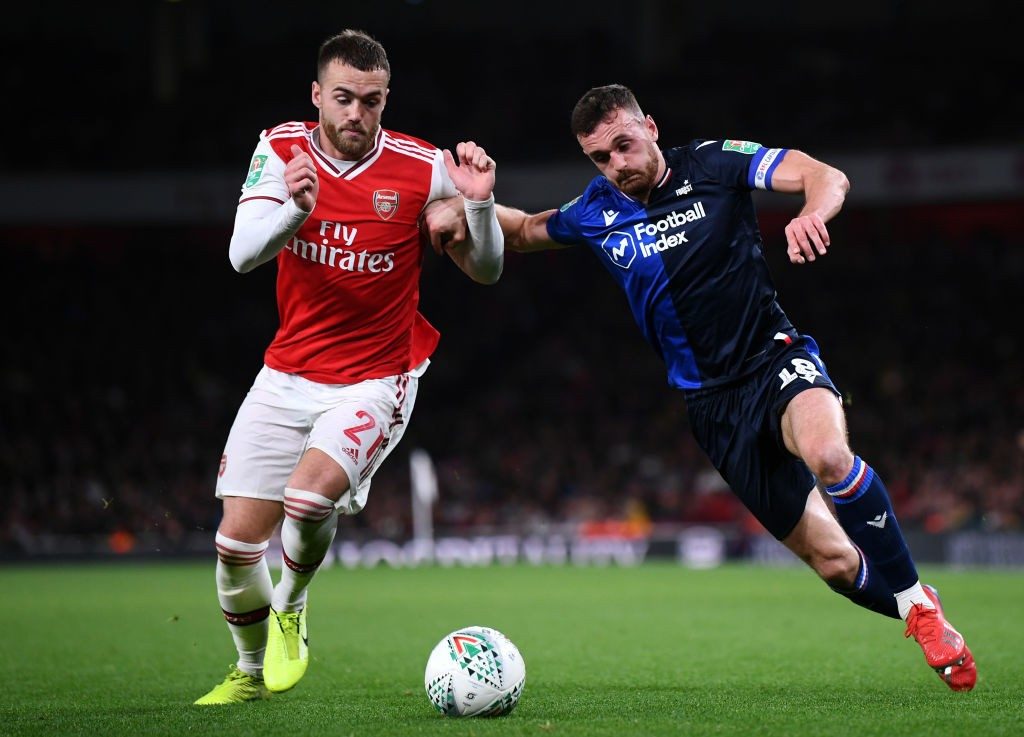 LONDON, ENGLAND - SEPTEMBER 24: Calum Chambers of Arsenal battles for the ball with Jack Robinson of Nottingham Forest during the Carabao Cup Third Round match between Arsenal FC and Nottingham Forrest at Emirates Stadium on September 24, 2019, in London, England. (Photo by Laurence Griffiths/Getty Images)