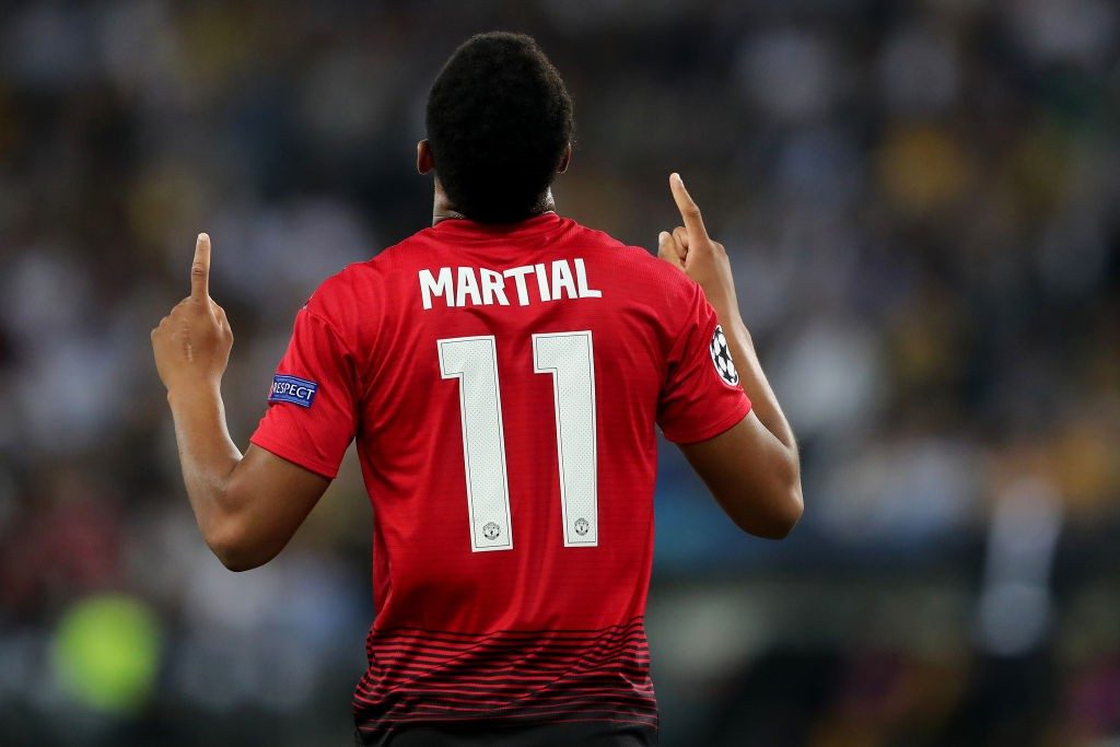 BERN, SWITZERLAND - SEPTEMBER 19: Anthony Martial of Manchester United celebrates the third goal for Manchester during the Group H match of the UEFA Champions League between BSC Young Boys and Manchester United at Stade de Suisse, Wankdorf on September 19, 2018, in Bern, Switzerland. (Photo by Christian Kaspar-Bartke/Getty Images)