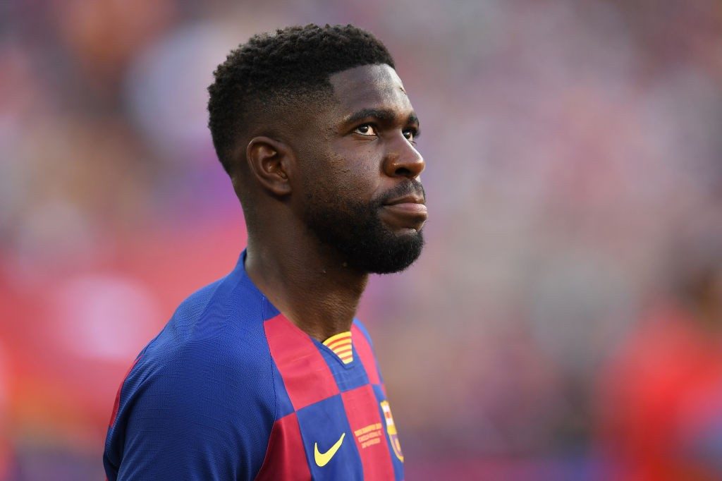 BARCELONA, SPAIN - AUGUST 04: Samuel Umtiti of FC Barcelona looks on prior to the Joan Gamper trophy friendly match between FC Barcelona and Arsenal at Nou Camp on August 04, 2019, in Barcelona, Spain. (Photo by David Ramos/Getty Images)