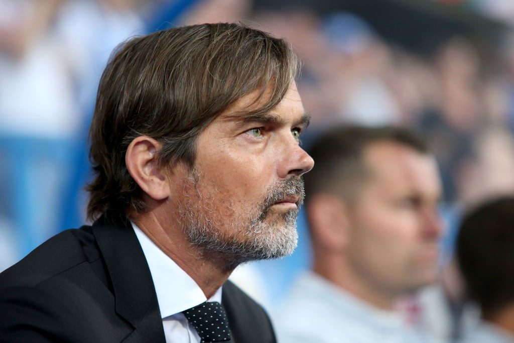 HUDDERSFIELD, ENGLAND - AUGUST 05: Phillip Cocu manager of Derby County looks on during the Sky Bet Championship match between Huddersfield Town and Derby County at John Smith's Stadium on August 05, 2019, in Huddersfield, England. (Photo by Lewis Storey/Getty Images)