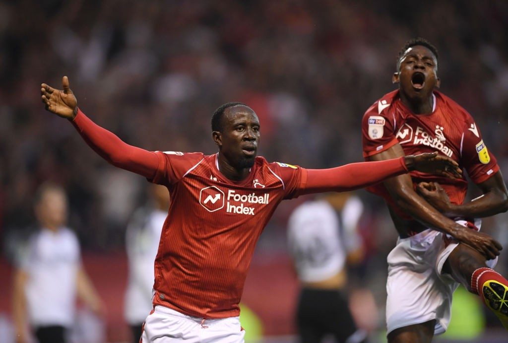 NOTTINGHAM, ENGLAND - AUGUST 27: Albert Adomah of Nottingham Forest celebrates scoring the opening goal during the Carabao Cup Second Round match bettween Nottingham Forest and Derby County at City Ground on August 27, 2019, in Nottingham, England. (Photo by Laurence Griffiths/Getty Images)