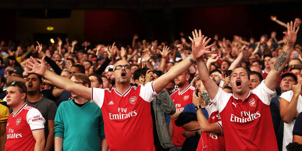 LONDON, ENGLAND - SEPTEMBER 01: Arsenal fans show their support during the Premier League match between Arsenal FC and Tottenham Hotspur at Emirates Stadium on September 01, 2019 in London, United Kingdom. (Photo by Julian Finney/Getty Images)