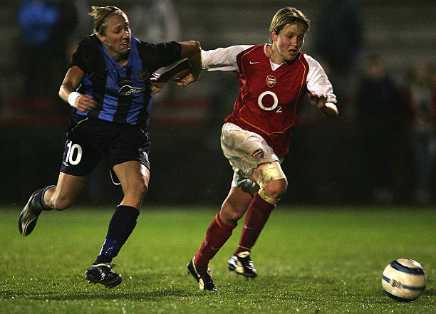LONDON - APRIL 15:  Leanne Champ of Arsenal battles with Sara Johansson of Djurgarden Alvsjo during the Ladies UEFA Cup Semi Final Second Leg match between Arsenal Ladies and Djurgarden Alvsjo at Boreham Wood FC on April 15, 2005 in London.  (Photo by Christopher Lee/Getty Images)