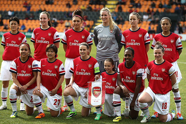 EDGWARE, ENGLAND - MARCH 30: The Arsenal Ladies team pose for a team photo during the Womens UEFA Champions League Quarter Final match between Arsenal Ladies and Birmingham City Ladies at The Hive on March 30, 2014 in Edgware, England. (Photo by Charlie Crowhurst/Getty Images)