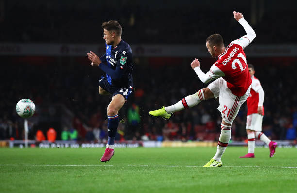 LONDON, ENGLAND - SEPTEMBER 24: Calum Chambers of Arsenal shoots at goal during the Carabao Cup Third Round match between Arsenal and Nottingham Forest at Emirates Stadium on September 24, 2019 in London, England. (Photo by Julian Finney/Getty Images)