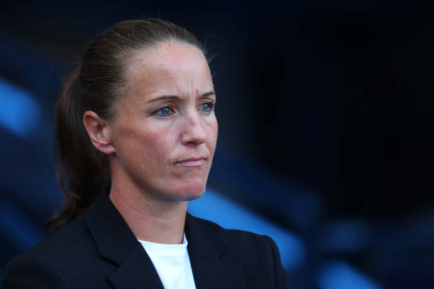 MANCHESTER, ENGLAND - SEPTEMBER 07: Casey Stoney manager of Manchester United looks on prior to the Barclays FA Women's Super League match between Manchester City and Manchester United at Etihad Stadium on September 07, 2019 in Manchester, United Kingdom. (Photo by Catherine Ivill/Getty Images)