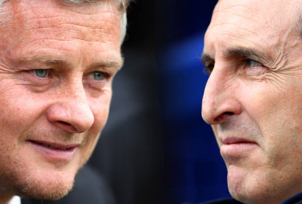 FILE PHOTO (EDITORS NOTE: COMPOSITE OF IMAGES - Image numbers 1171302519,1141040130 - GRADIENT ADDED) In this composite image a comparison has been made between Ole Gunnar Solskjaer, Manager of Manchester United (L) and Unai Emery, Manager of Arsenal . Manchester United and Arsenal meet in the Premier League on September 30, 2019 at Old Trafford Stadium in Manchester,England. ***LEFT IMAGE*** SOUTHAMPTON, ENGLAND - AUGUST 31: Ole Gunnar Solskjaer, Manager of Manchester United looks on prior to the Premier League match between Southampton FC and Manchester United at St Mary's Stadium on August 31, 2019 in Southampton, United Kingdom. (Photo by Catherine Ivill/Getty Images) ***RIGHT IMAGE*** LIVERPOOL, ENGLAND - APRIL 07: Unai Emery, Manager of Arsenal looks on prior to the Premier League match between Everton FC and Arsenal FC at Goodison Park on April 07, 2019 in Liverpool, United Kingdom. (Photo by Clive Brunskill/Getty Images)