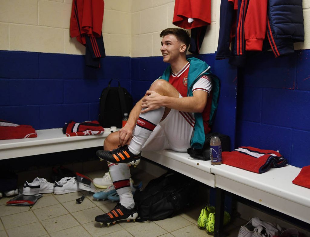 TELFORD, ENGLAND - SEPTEMBER 20: Kieran Tierney of Arsenal in the changing room after the Premier League 2 match between Wolverhampton Wanderers and Arsenal at New Bucks Head Stadium on September 20, 2019 in Telford, England. (Photo by Stuart MacFarlane/Arsenal FC via Getty Images)