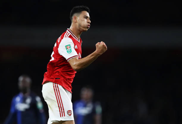 LONDON, ENGLAND - SEPTEMBER 24: Gabriel Martinelli of Arsenal celebrates scoring the fifth goal during the Carabao Cup Third Round match between Arsenal and Nottingham Forest at Emirates Stadium on September 24, 2019 in London, England. (Photo by Julian Finney/Getty Images)