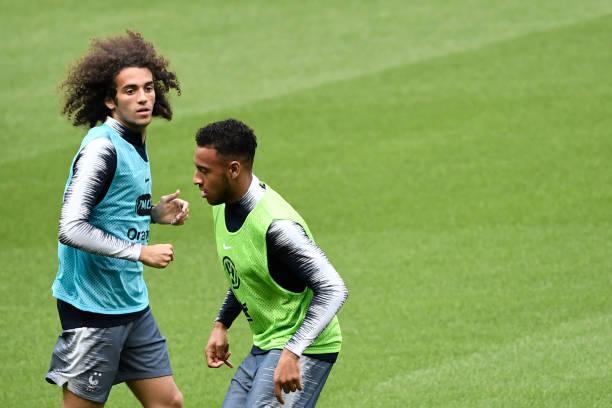 France's midfielder Matteo Guendouzi (L) and Corentin Tolisso take part in a training session on the eve of the team's Euro 2020 qualifier football match against Albania, on September 6, 2019 at the Stade de France in Saint-Denis, north of Paris. (Photo by STEPHANE DE SAKUTIN / AFP)   