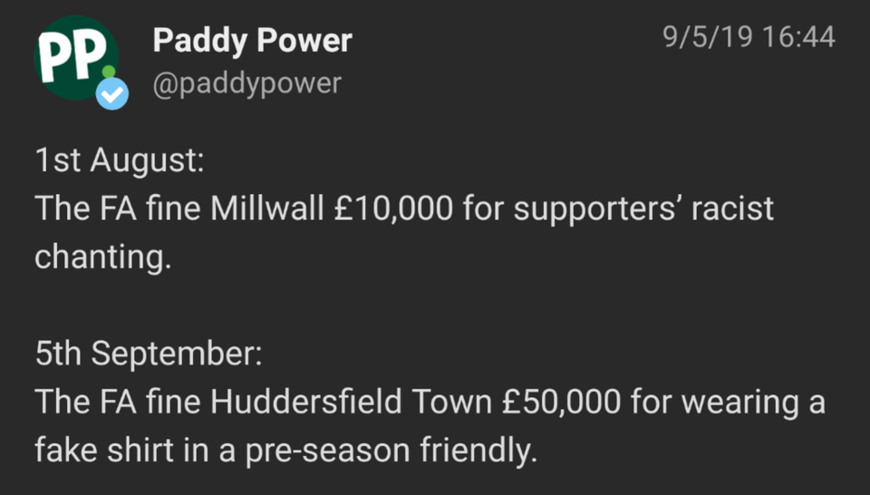 paddy power racism huddersfield shirts