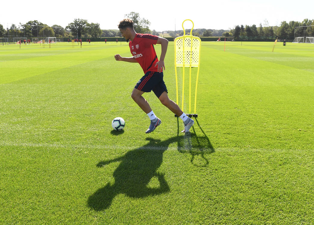ST ALBANS, ENGLAND - SEPTEMBER 13: of Arsenal during a training session at London Colney on September 13, 2019 in St Albans, England. (Photo by Stuart MacFarlane/Arsenal FC via Getty Images)