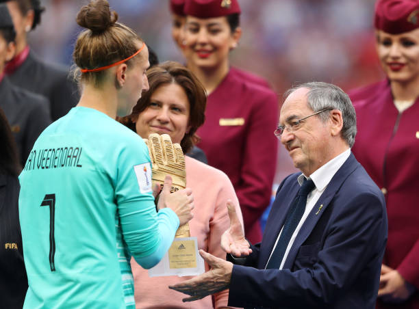 LYON, FRANCE - JULY 07: Sari Van Veenendaal of the Netherlands is presented with the Golden Glove trophy after the 2019 FIFA Women's World Cup France Final match between The United States of America and The Netherlands at Stade de Lyon on July 07, 2019 in Lyon, France. (Photo by Richard HeathcoQte/Getty Images)
