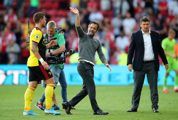 WATFORD, ENGLAND - SEPTEMBER 15: Quique Sanchez Flores, Manager of Watford acknowledges the fans after the Premier League match between Watford FC and Arsenal FC at Vicarage Road on September 15, 2019 in Watford, United Kingdom. (Photo by Marc Atkins/Getty Images)