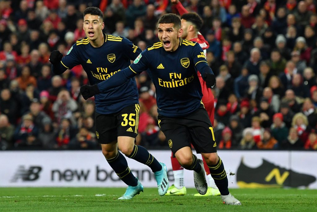 Lucas Torreira celebrates after scoring his goal (Photo via Twitter / Arsenal)