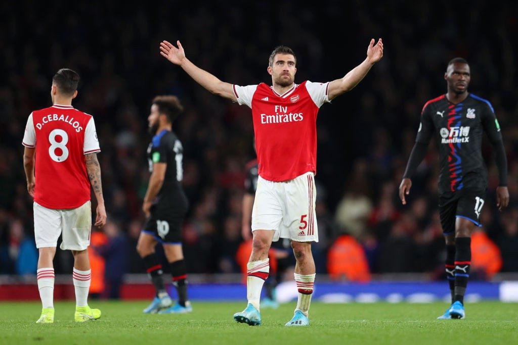 LONDON, ENGLAND - OCTOBER 27: Sokratis Papastathopoulos of Arsenal reacts to having his team's third goal disallowed following a VAR check during the Premier League match between Arsenal FC and Crystal Palace at Emirates Stadium on October 27, 2019, in London, United Kingdom. (Photo by Catherine Ivill/Getty Images)