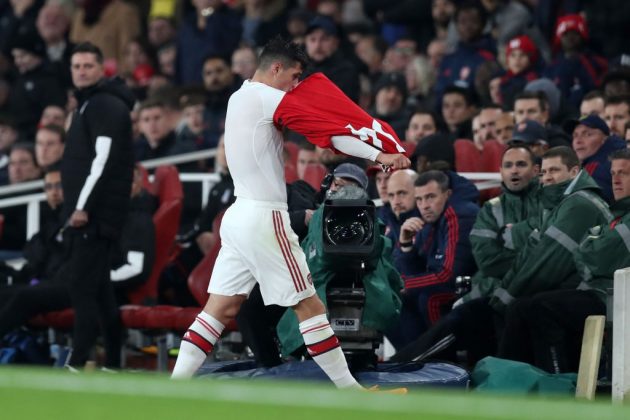 LONDON, ENGLAND - OCTOBER 27: Granit Xhaka of Arsenal leaves the pitch after being substituted off during the Premier League match between Arsenal FC and Crystal Palace at Emirates Stadium on October 27, 2019, in London, United Kingdom. (Photo by Alex Morton/Getty Images)