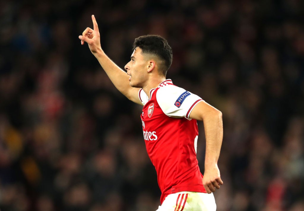 LONDON, ENGLAND - OCTOBER 24: Gabriel Martinelli of Arsenal celebrates after scoring his team's first goal during the UEFA Europa League group F match between Arsenal FC and Vitoria Guimaraes at Emirates Stadium on October 24, 2019, in London, United Kingdom. (Photo by Naomi Baker/Getty Images)